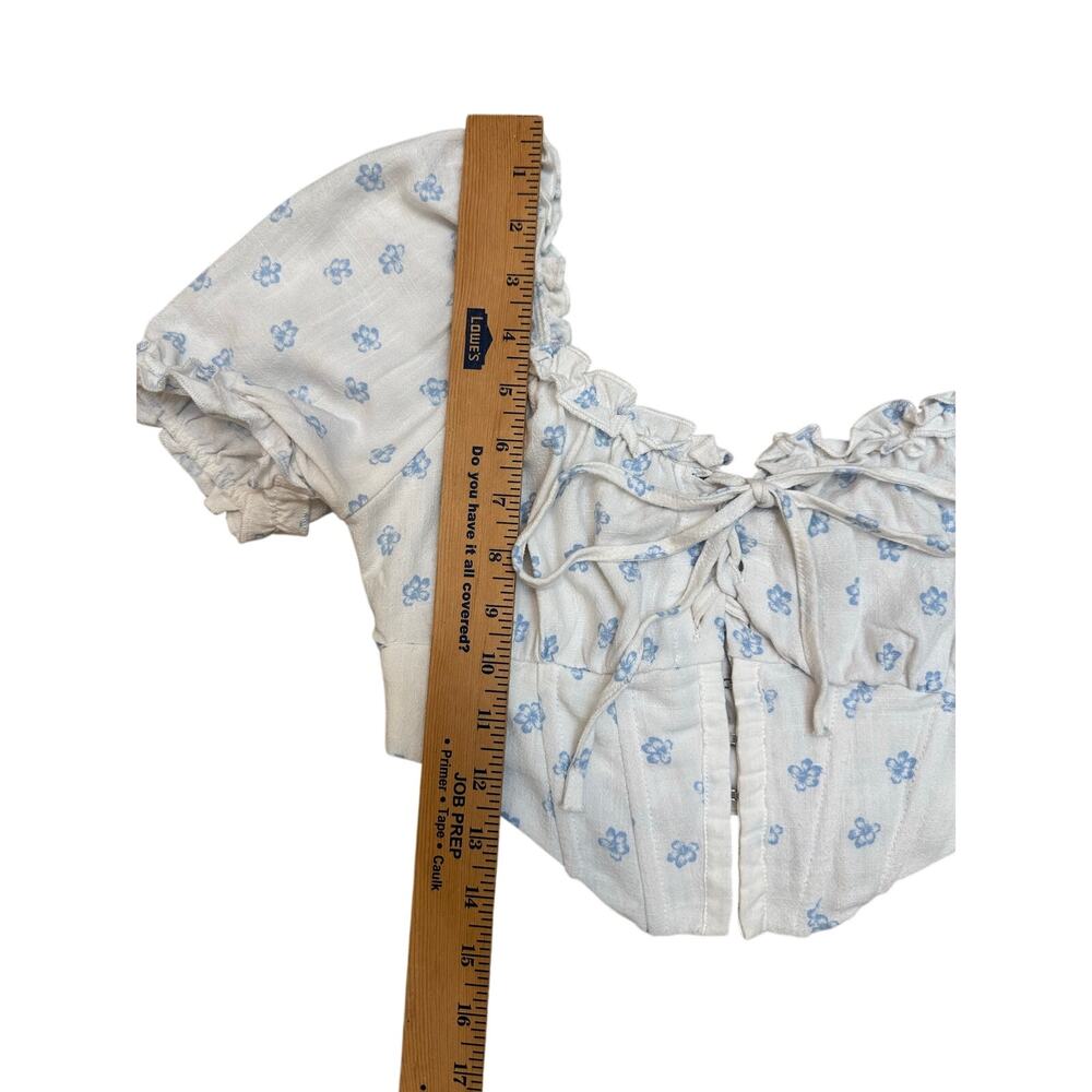 L.A. Hearts Floral Puff Sleeve‎ Corset Crop Top XS White Blue Linen Blend - Picture 8 of 10